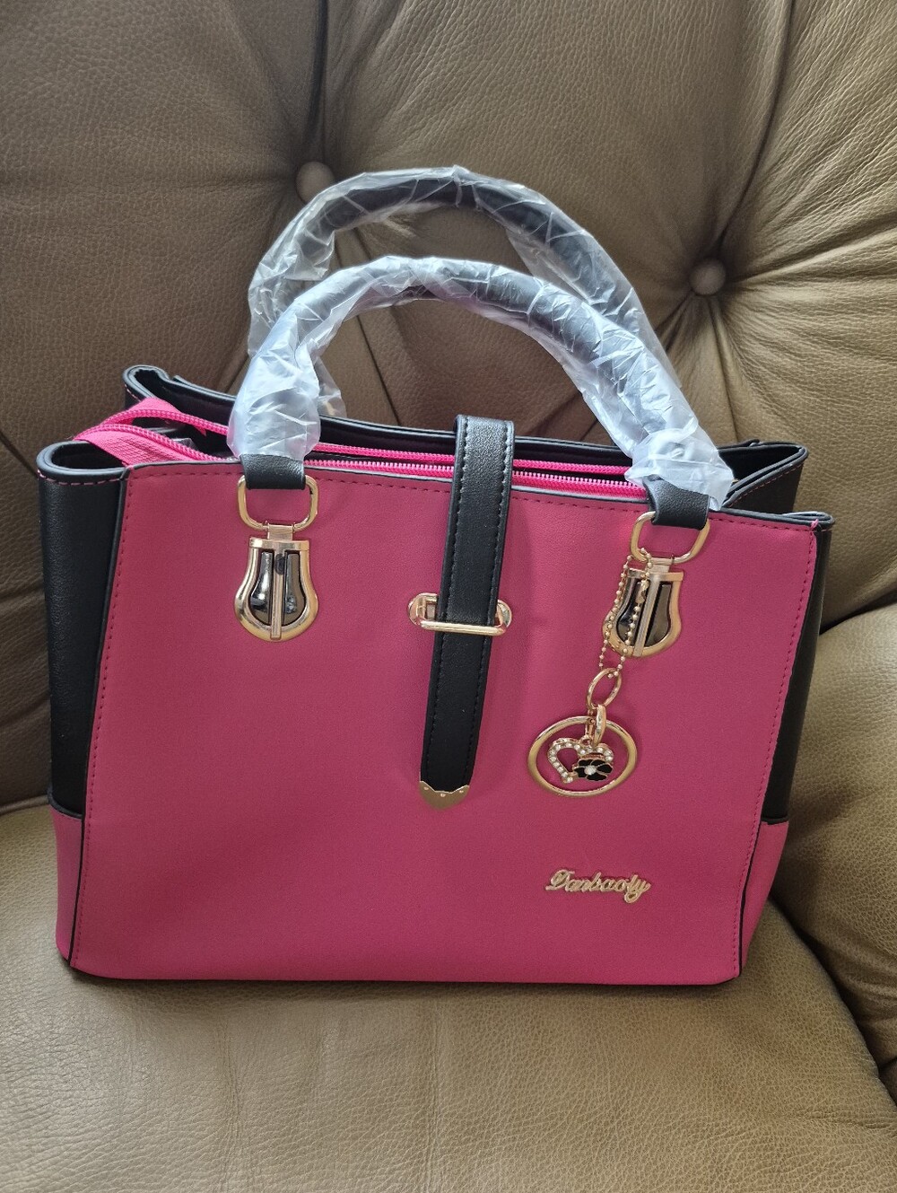 Pink and Black Structured Satchel with Gold Accents - Picture 2 of 9